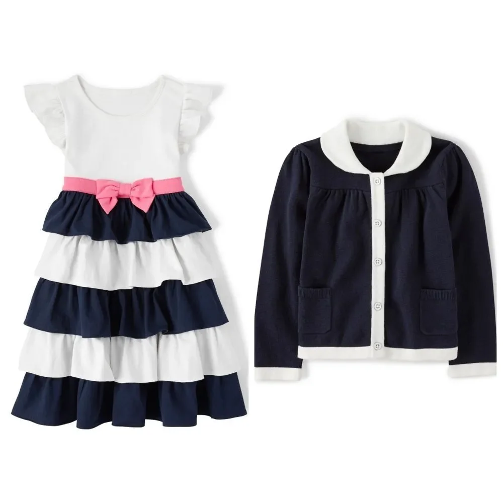 Girls Gymboree Navy, Pink, & White Cotton Dress Cardigan Hat 3pc Outfit Set 4t